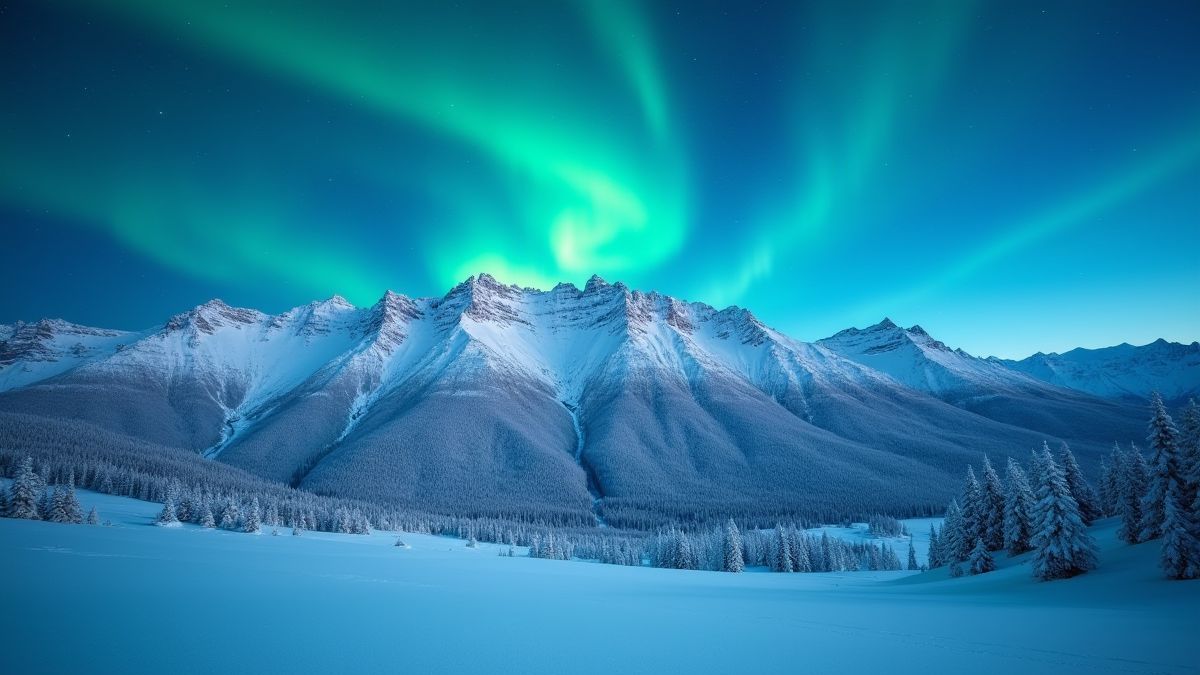 Uma paisagem montanhosa nevada com auroras boreais ao fundo.