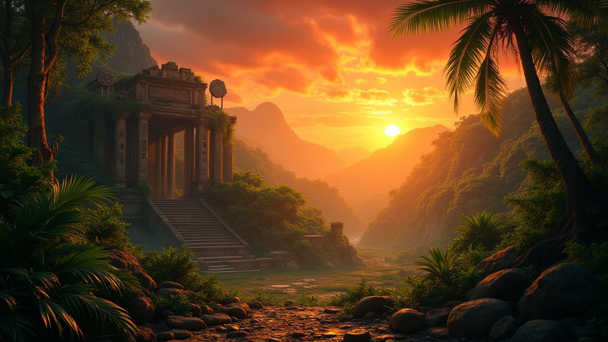 Ruinas antiguas en la jungla al atardecer con tesoros dorados.