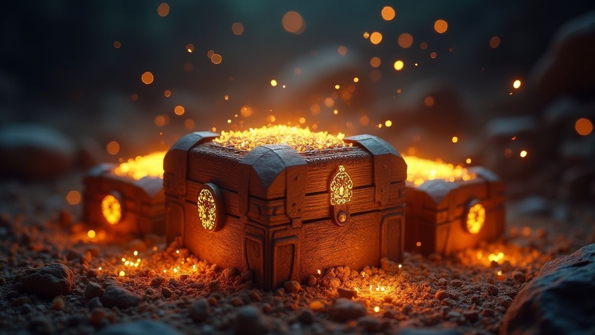 Cofres del tesoro brillando rodeados de runas mágicas.