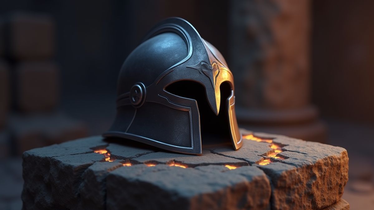 Un casco bárbaro en un pedestal con runas brillantes.