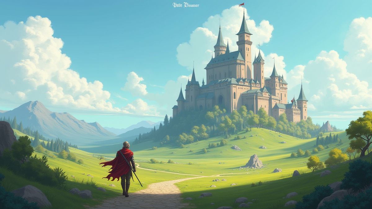 Un paisaje de fantasía con un castillo y un guerrero caminando hacia él.