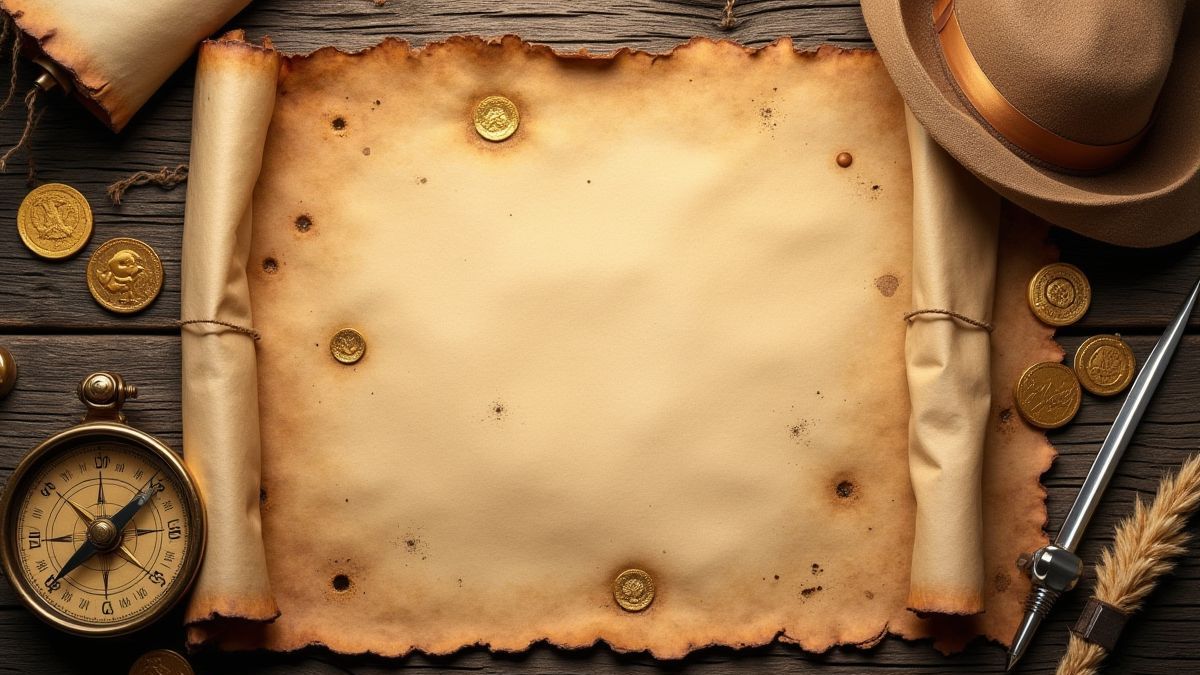 Een schatkaart met gemarkeerde plekken en piratenthema-items zoals een kompas en gouden munten.