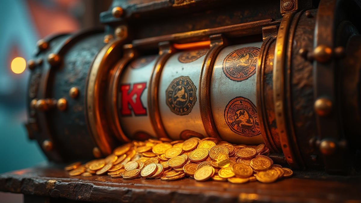 Een piratenthema gokkast met gouden munten die eruit vliegen.