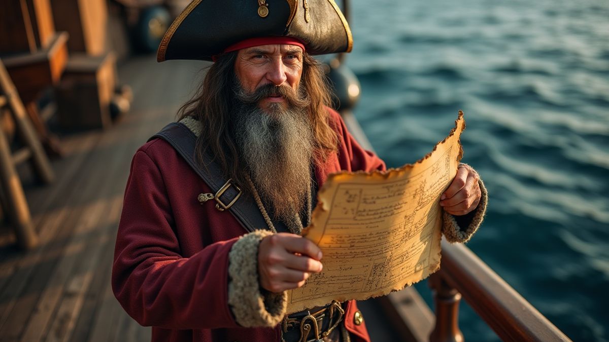 Capitán pirata sosteniendo un mapa del tesoro en la cubierta de un barco.