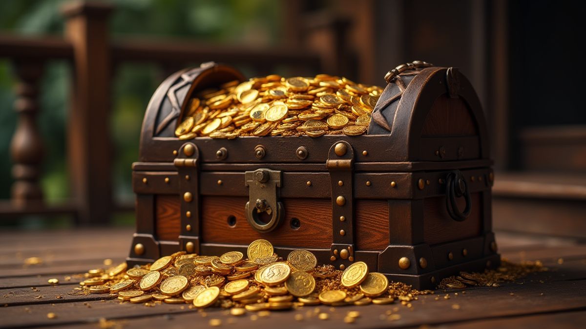 Un cofre del tesoro lleno de monedas de oro y joyas en la cubierta de un barco.