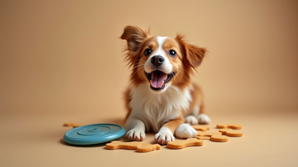 Een hond die speelt met hondenbotvormige lekkernijen en een frisbee.