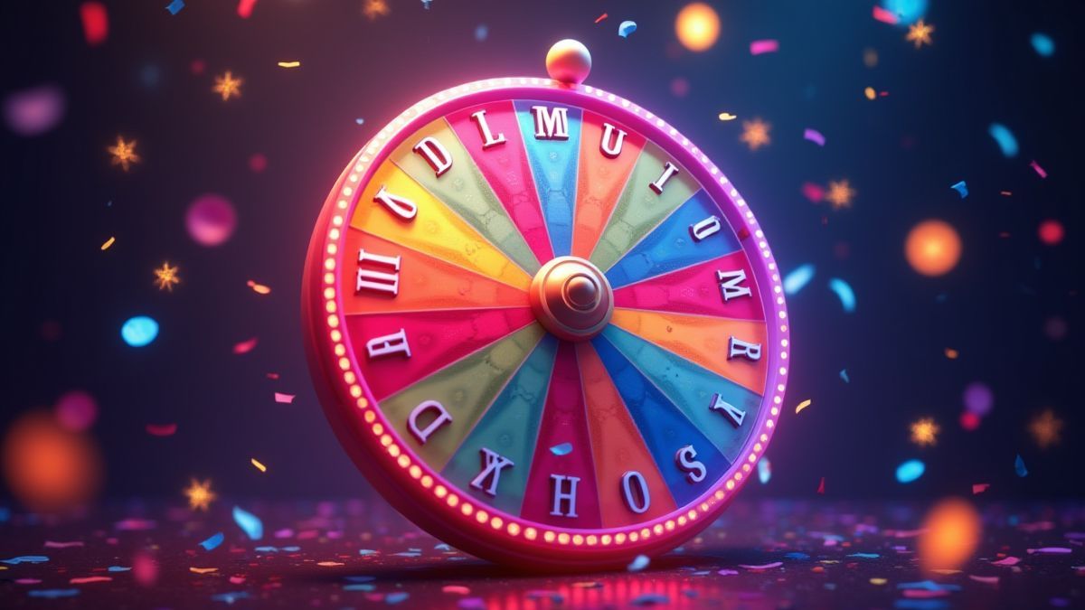 Een draaiend bonussenwiel omringd door kleurrijke lichten en confetti.