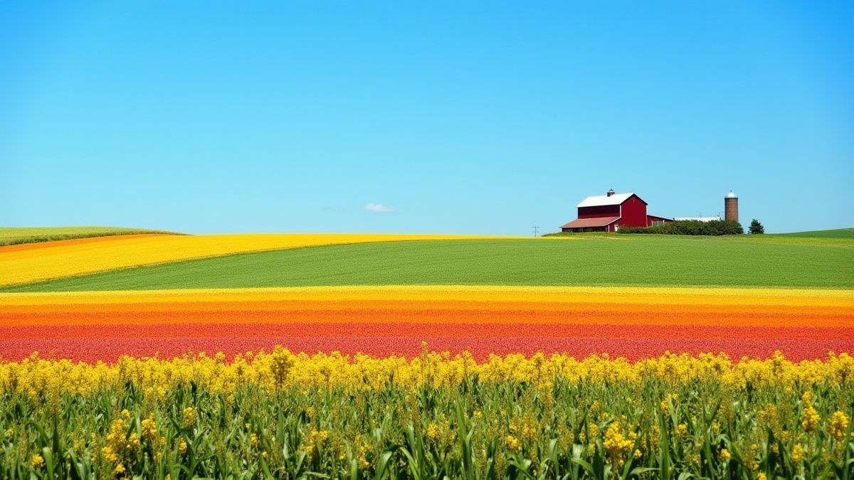 A field full of crops and a red barn under a bright blue sky.