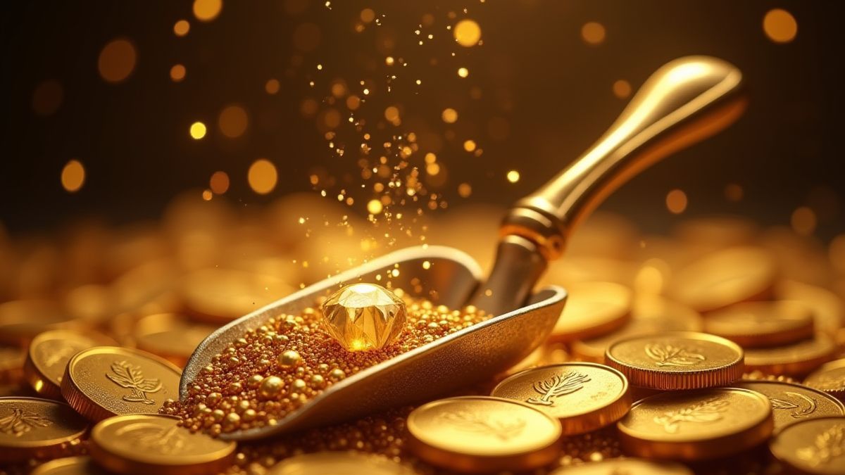 Golden coins and a diamond shovel surrounded by sparkling effects.