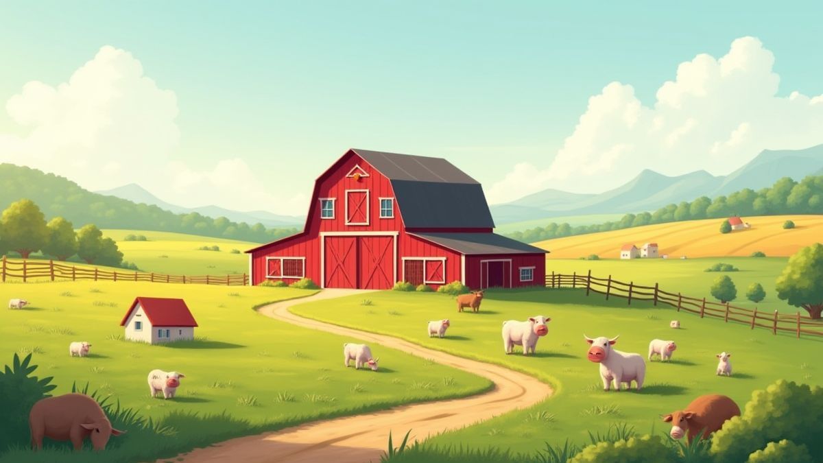 Eine Farm mit einem roten Scheunengebäude, Feldern und Tieren beim Grasen.