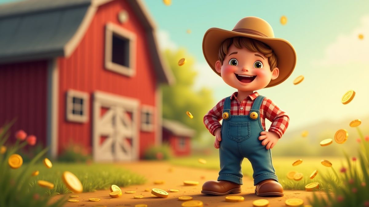 Ein fröhlicher Landwirt neben einer Scheune mit verstreuten Goldmünzen.