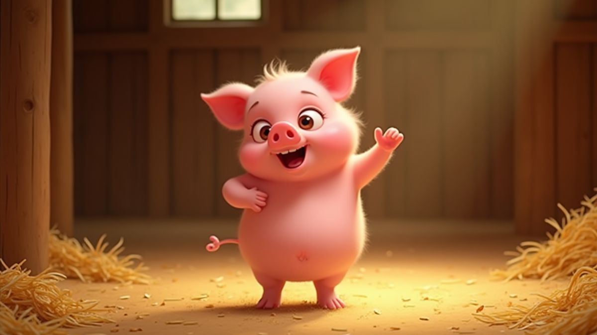 Cerdo animado bailando en un granero lleno de paja.