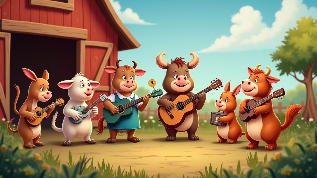 Animales tocando instrumentos musicales en una granja animada.
