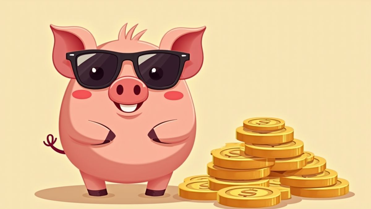 Un cerdo animado con gafas de sol y monedas doradas