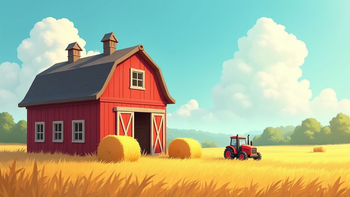 Un granero animado con pacas de heno y un tractor bajo el sol