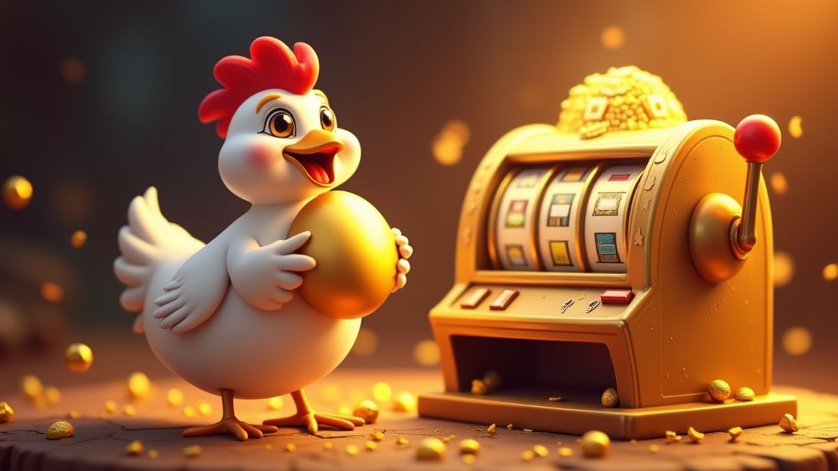 Una gallina feliz sosteniendo un huevo dorado junto a una máquina tragamonedas
