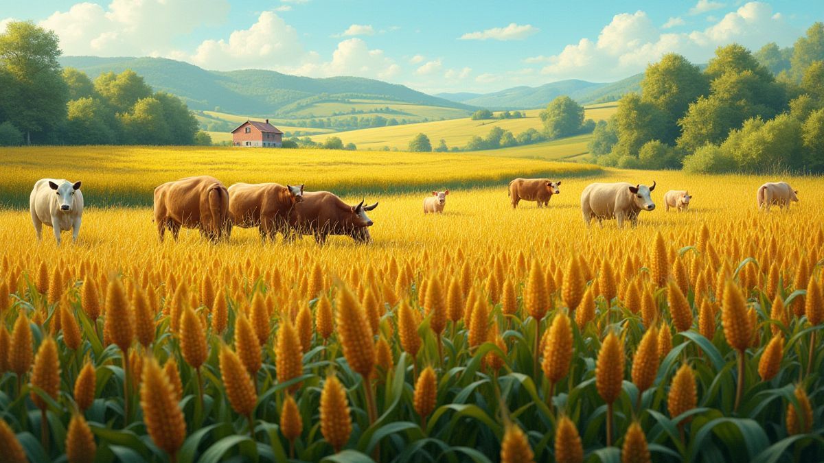 Un campo de maíz con animales como vacas y cerdos paseando.