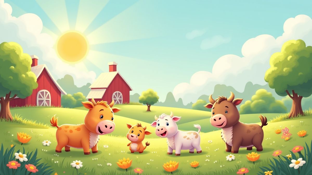 Una escena de granja alegre con animales interactuando bajo el sol.