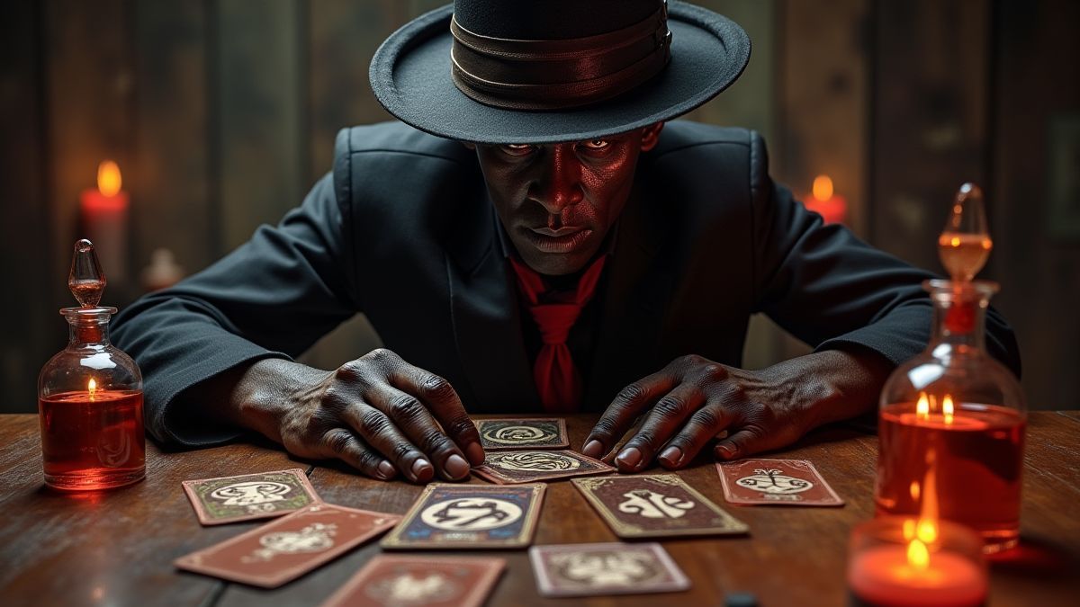 Baron Samedi rodeado de viales mágicos y cartas rituales.