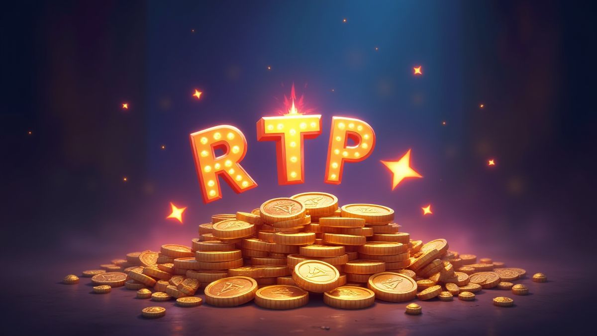 Representación de un alto RTP con símbolos brillantes y monedas.