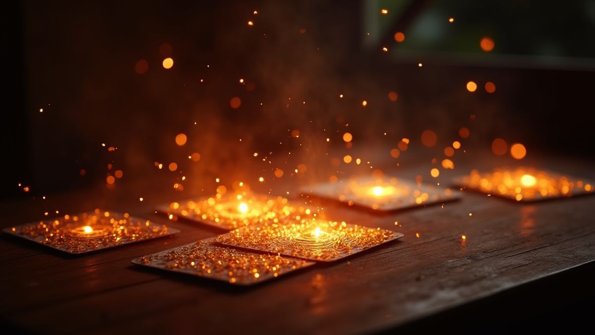 Cartas vudú brillantes en una mesa mágica.