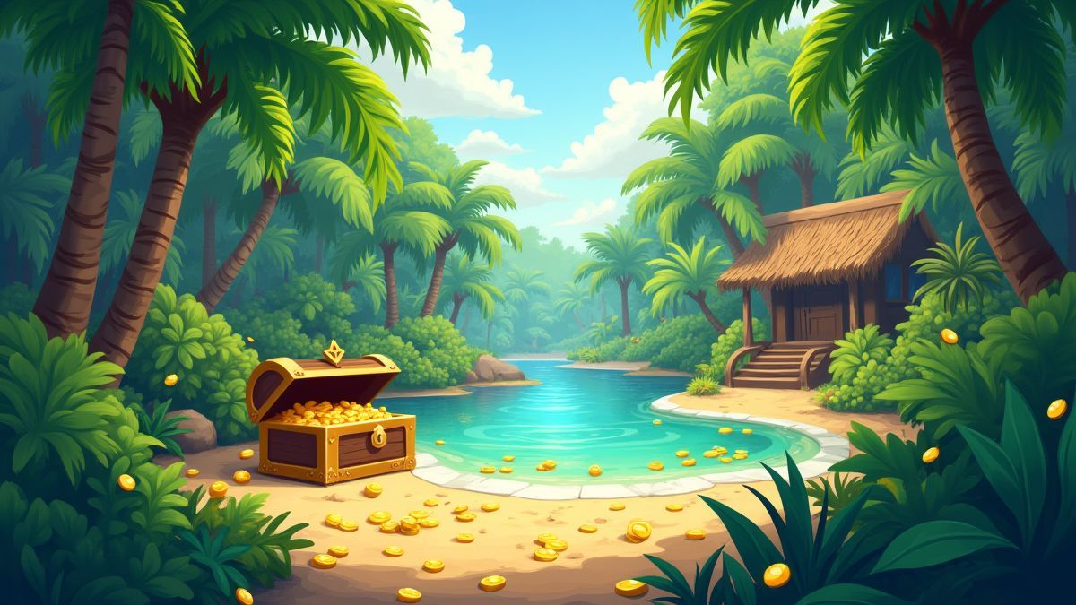 Ein tropischer Park voller Vegetation und goldener Münzen.
