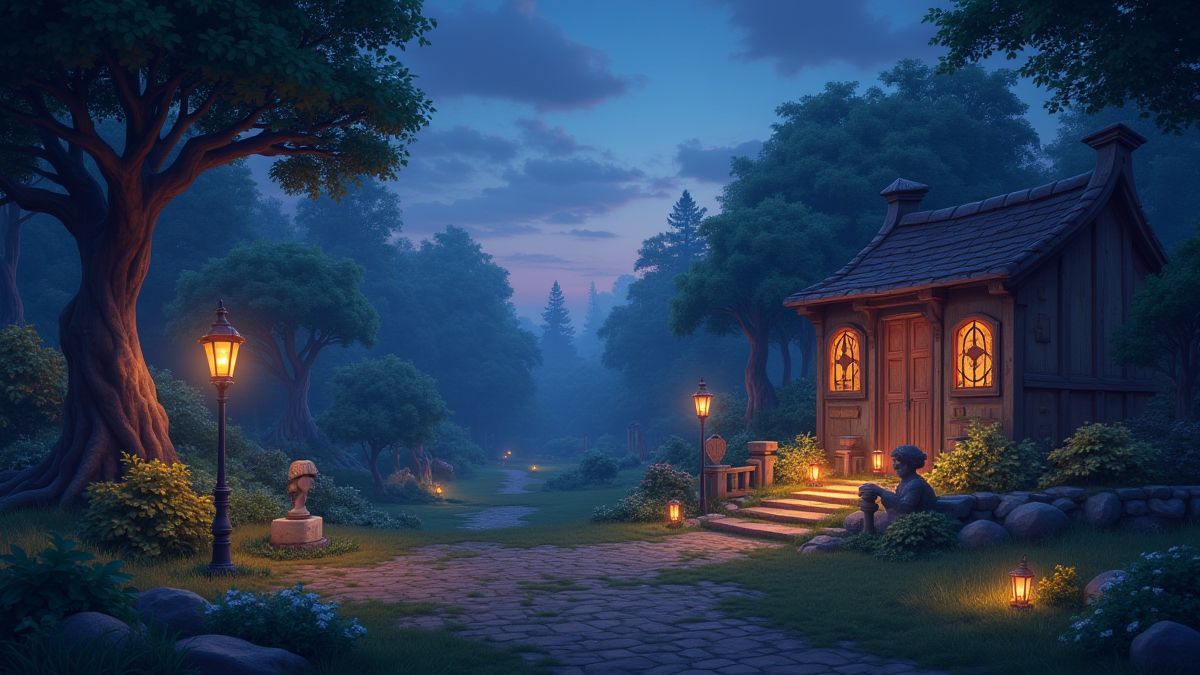 Ein verzauberter Park mit Schatztruhen und geheimnisvollen Statuen unter einem Dämmerungshimmel.