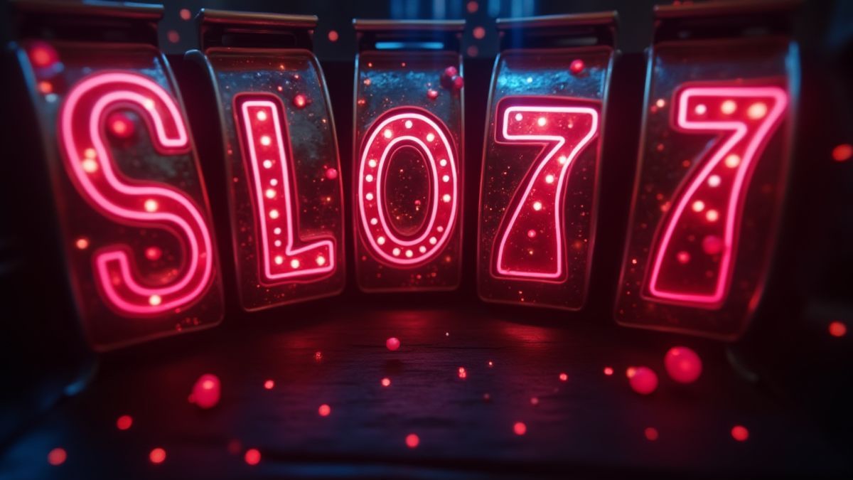 Símbolos de máquina tragamonedas retro brillando bajo luces de neón.