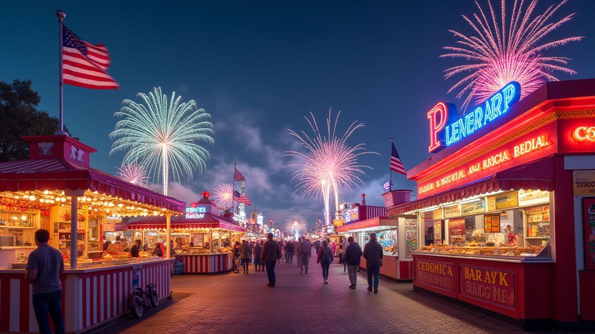Amerikanische Jahrmarkt mit typischen Speisen und Feuerwerk