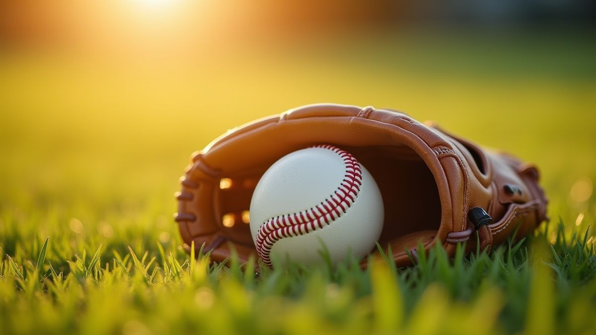 Gant de baseball et balle sur un terrain de gazon.