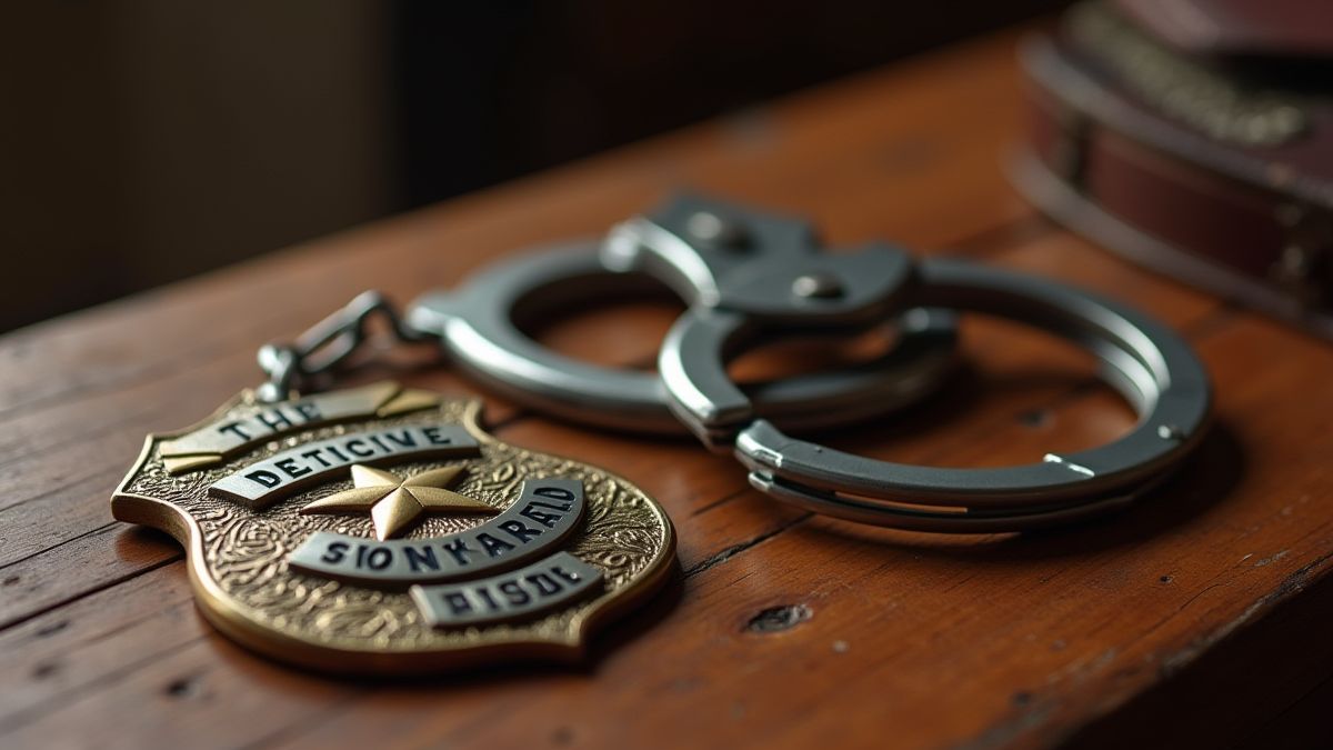 Detectivebadge en handboeien op een houten bureau.