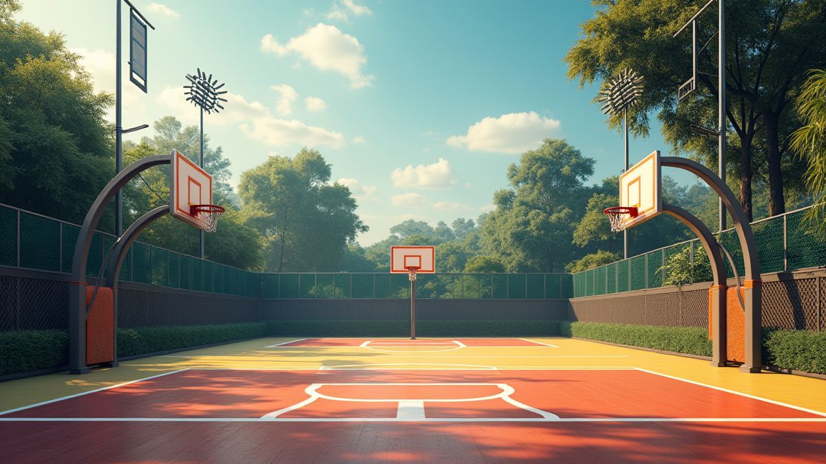 Imagem detalhada de uma quadra de basquete com placar.