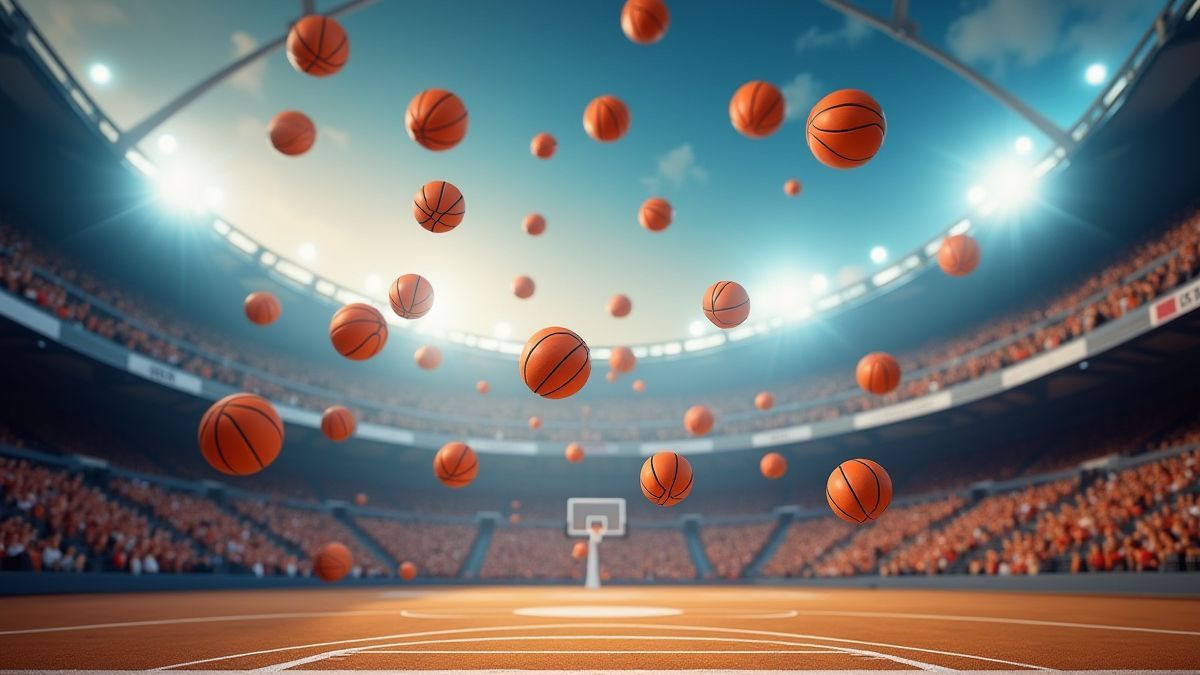 Balões de basquete caindo como prêmios em um estádio.