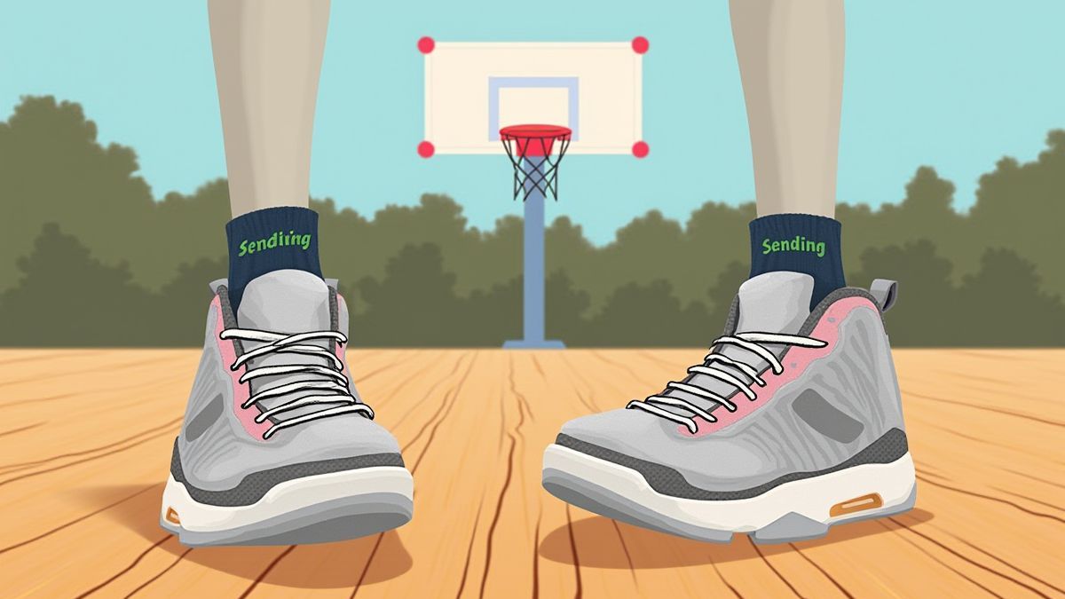 Basketballschuhe auf einem Holzboden.