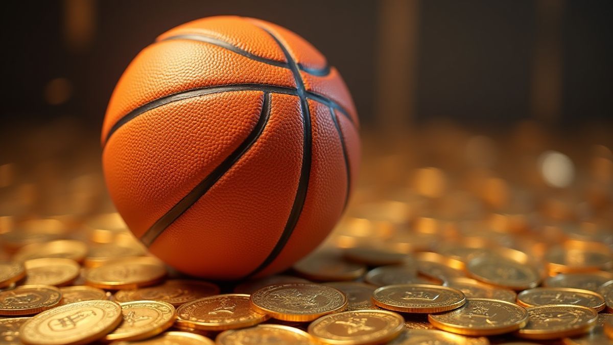 Basketball, der in einen Korb fliegt, umgeben von goldenen Münzen.