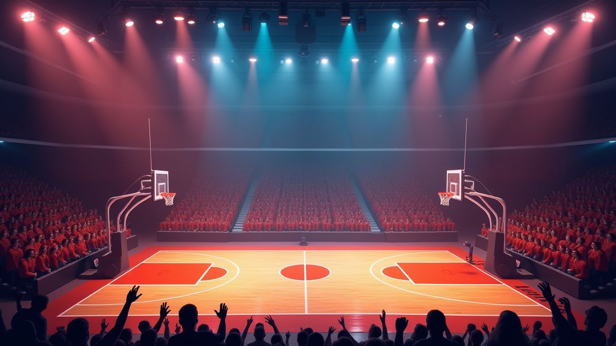 Animiertes Basketballfeld mit jubelnden Fans und lebhaften Lichtern.