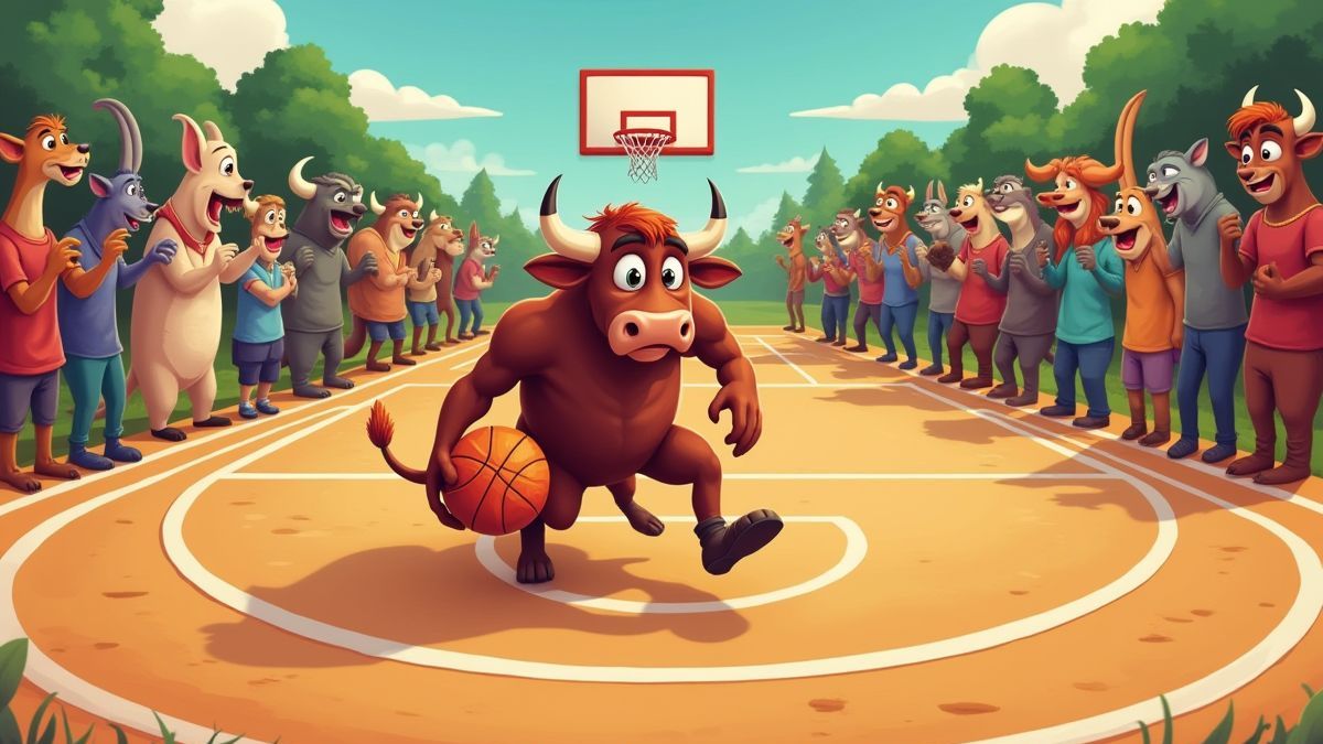 Une cancha de baloncesto animée avec un taureau jouant.