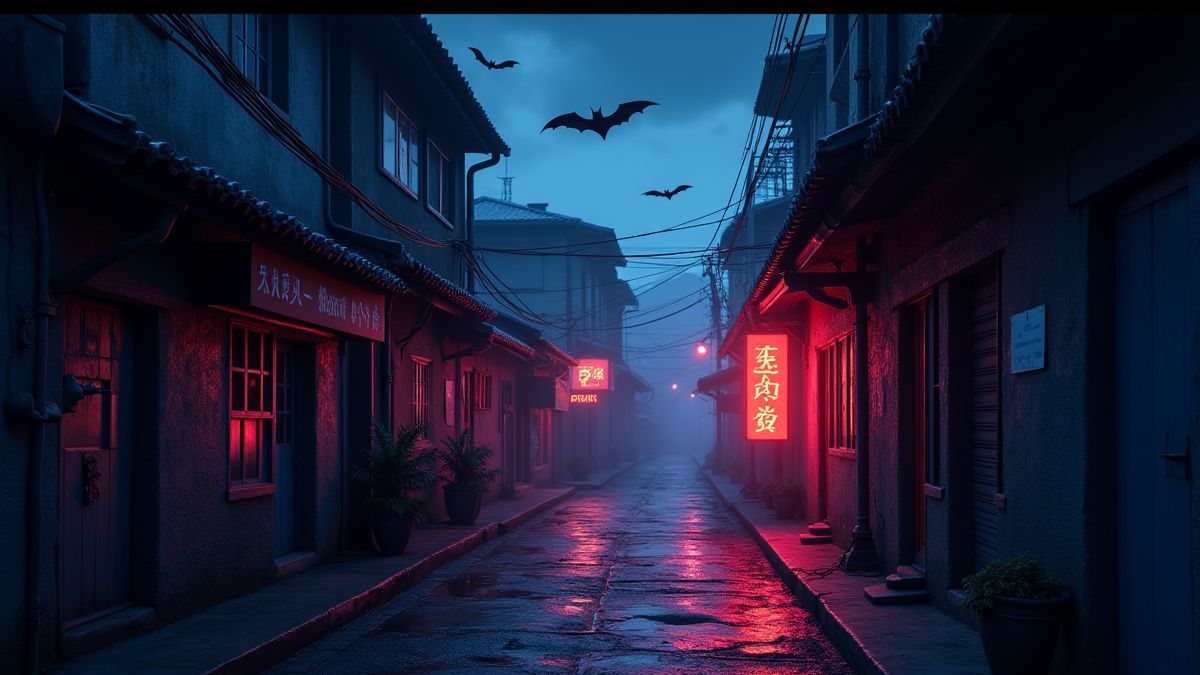 Callejón oscuro con luces de neón y murciélagos en el cielo