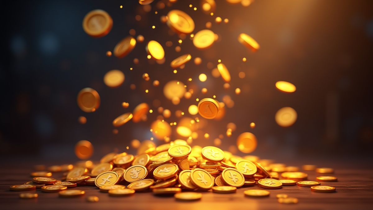 Monedas de oro y símbolos brillantes cayendo en una pantalla de juego