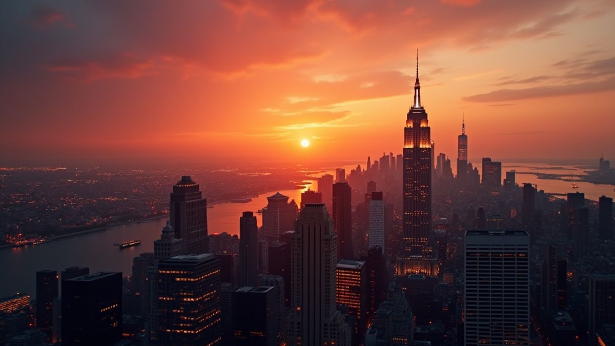 View of Gotham City at sunset.