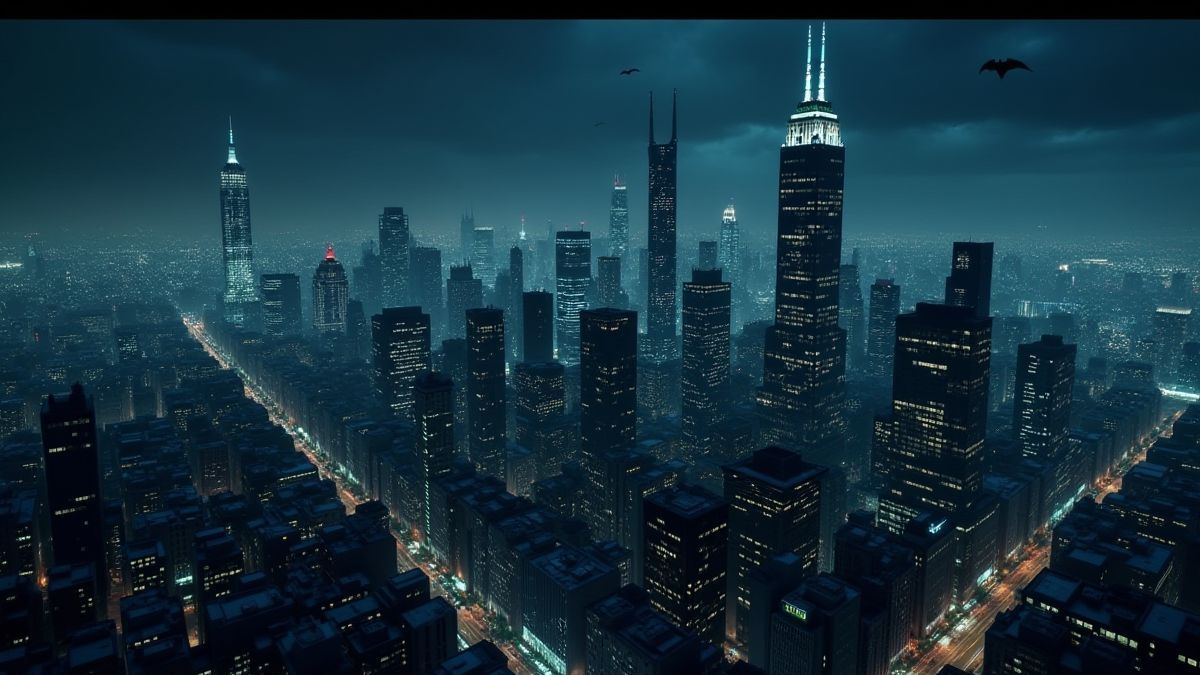 Vue nocturne de Gotham City avec lumières brillantes.