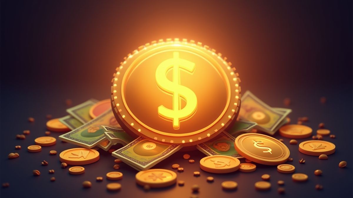 Icône de jackpot brillant entouré de pièces et de billets.