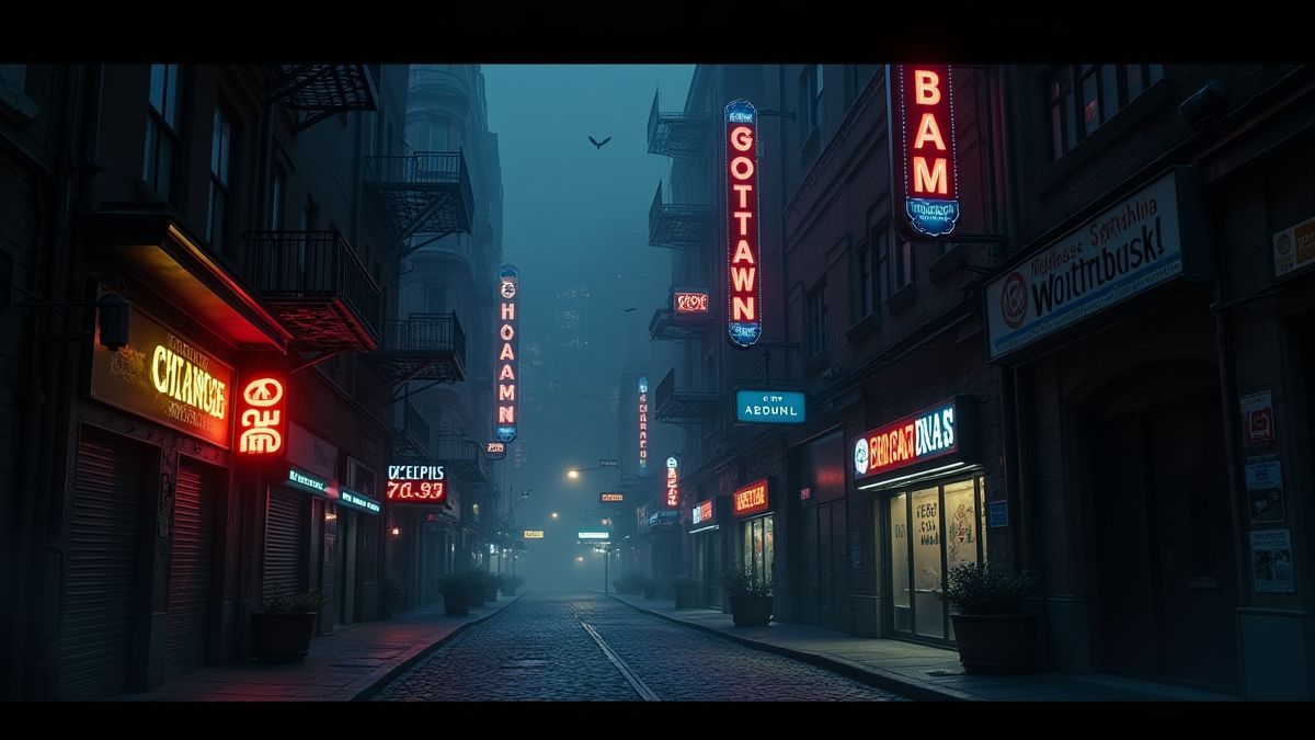Una imagen detallada de Gotham City con señales de neón y un callejón oscuro.