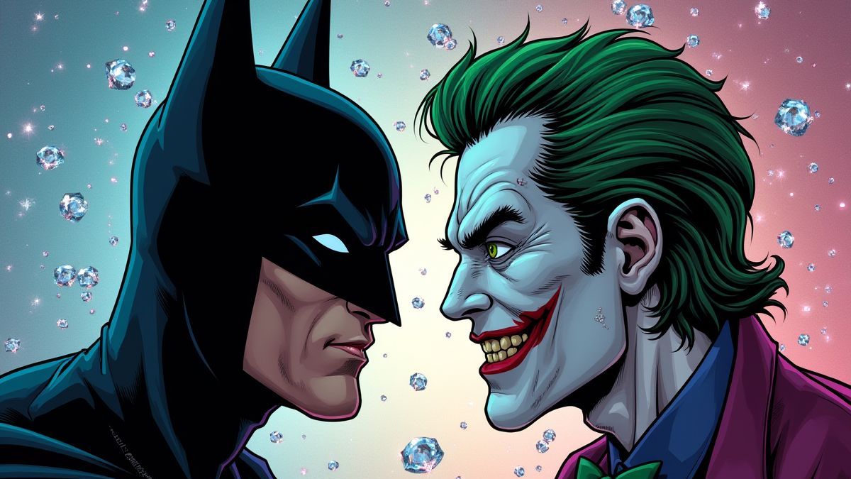 Ilustración de Batman y el Joker frente a un fondo de joyas brillantes.