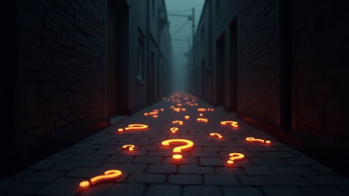 Glowing question marks in a dark alley.