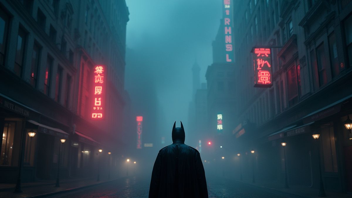 View of Gotham City with fog and neon lights.