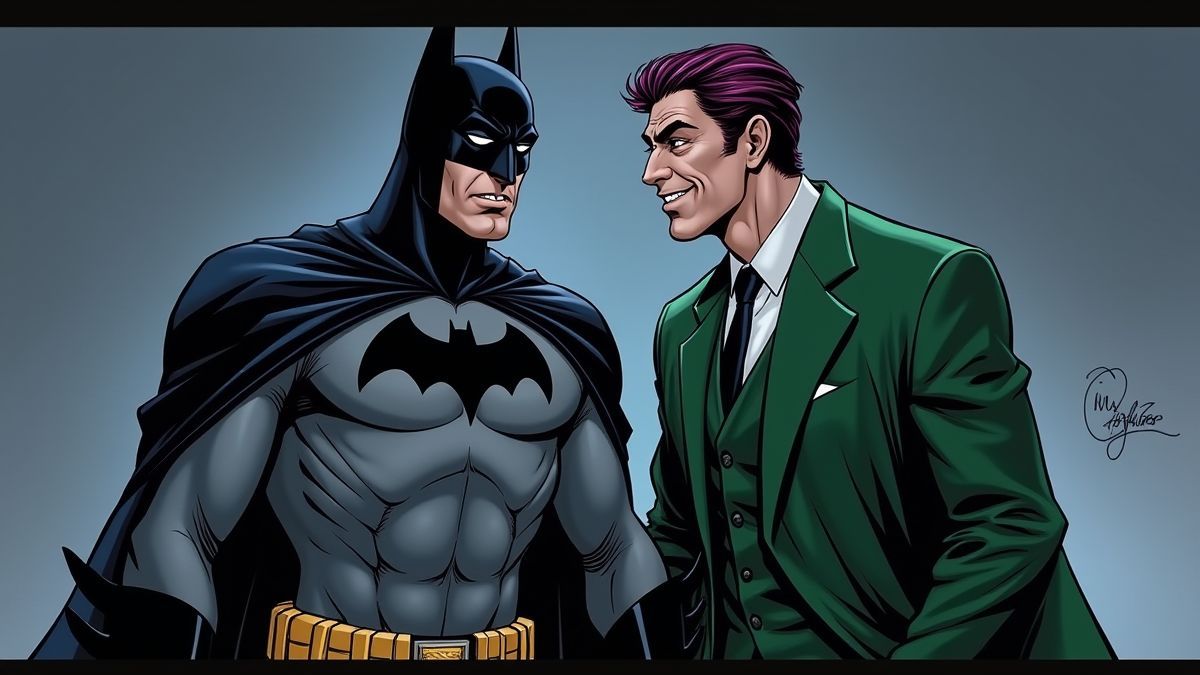 Batman and 'The Riddler' in a dramatic pose.