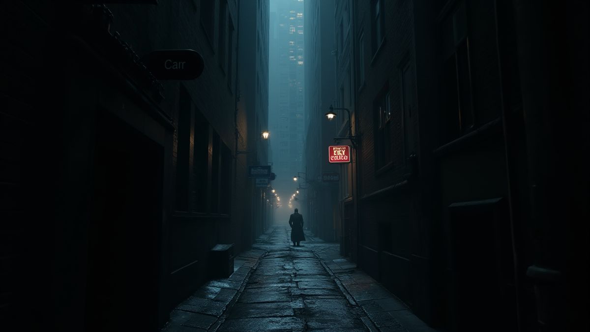 Callejón oscuro en Gotham con iluminación tenue y detalles atmosféricos.