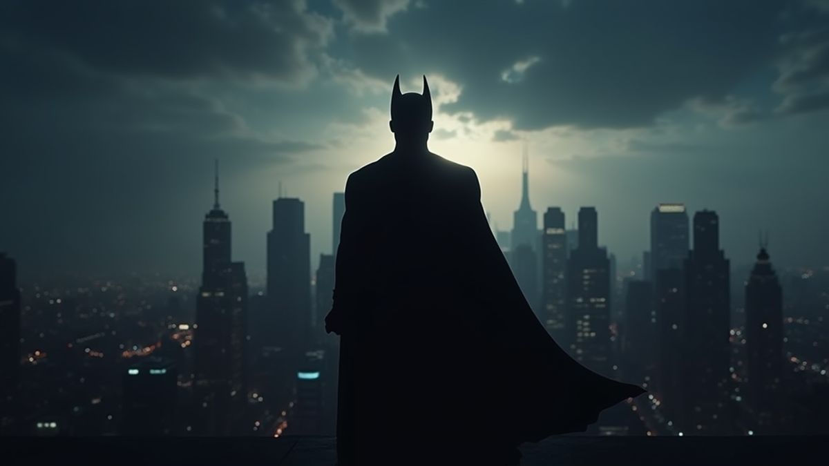 Silueta de un superhéroe frente a un skyline oscuro.