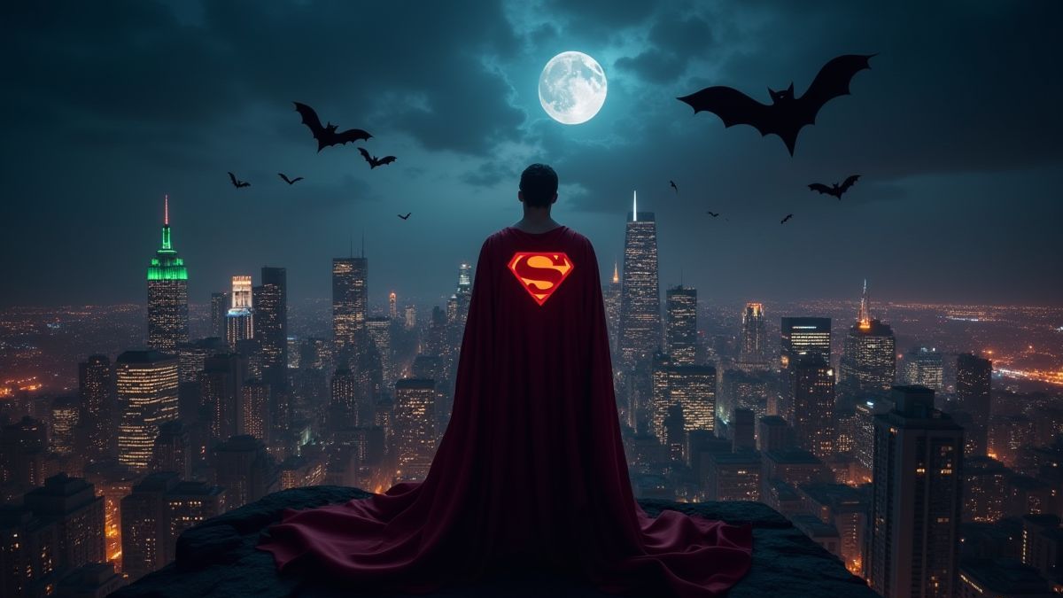 L'horizon d'une ville illuminée avec des chauves-souris volant et la cape de Superman visible.